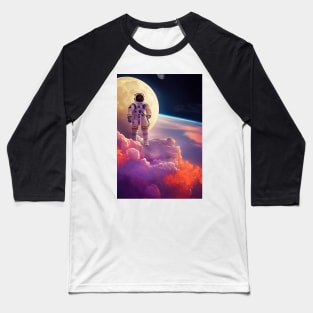 Astronaut flying in front of moon with red-purple clouds in space Baseball T-Shirt